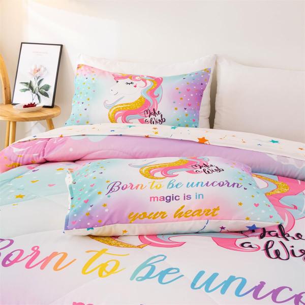 Imagem de Conjunto de edredom NTBED Unicorn completo com lençóis, 5 peças para meninas