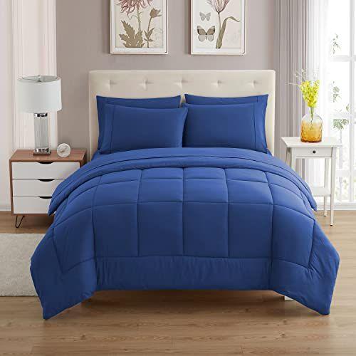 Imagem de Conjunto de edredom Sweet Home Collection 7 peças, cor sólida, cobertor alternativo de plumas macias para todas as estações e lençóis de cama de microfibra luxuosos, azul royal, completo