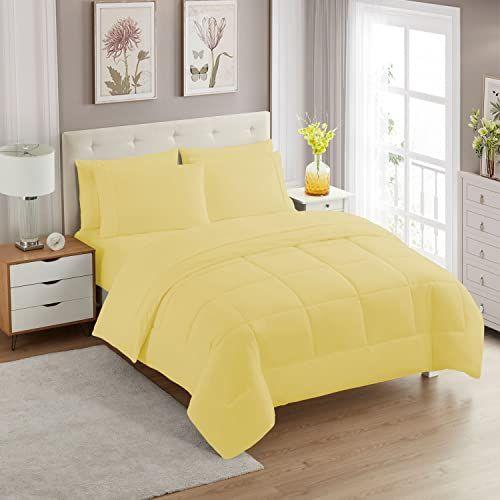 Imagem de Conjunto de edredom Sweet Home Collection 7 peças, cor sólida, cobertor alternativo macio para todas as estações e lençóis de cama de microfibra luxuosos, amarelo, completo