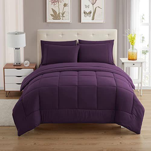 Imagem de Conjunto de edredom Sweet Home Collection 7 peças, cor sólida, cobertor alternativo macio para todas as estações e lençóis de cama de microfibra luxuosos, roxo, king