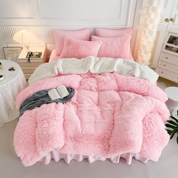 Imagem de Conjunto de edredom UOZZI BEDDING Pink Faux Fur Twin de 3 peças