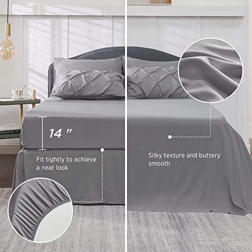 Imagem de Conjunto de Edredon King Size BEDSURE - Conjunto de Roupa de Cama King 8 Peças, Cama Pintuck em Saco Conjunto de Cama Cinzento com Edredons, Lençóis e Saia, Almofadas e Shams