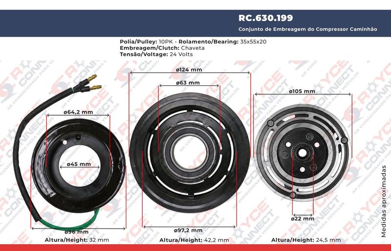 Imagem de Conjunto de Embreagem do Compressor Caminhao SC 2012 Em diante RC600199 7H15 24V Polia 10pk 120mm 1940016