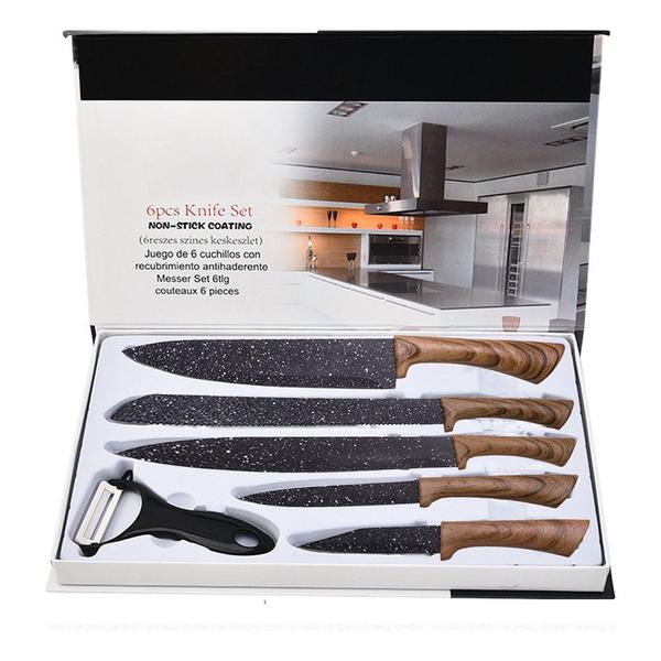 Conjunto de faca cozinha europeia aço inoxidável lâmina preta 6 peças conjunto chef conjunto especial faca pão tesoura - FACAMADEIRA Imagem de Conjunto de faca cozinha europeia aço inoxidável lâmina preta 6 peças conjunto chef conjunto especial faca pão tesoura