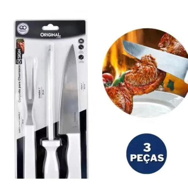 Imagem de Conjunto de Faca para Churrasco 3 Peça de Inoxi Cabo Branco - Original Line