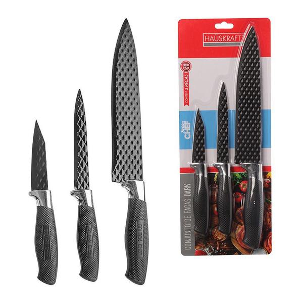 Conjunto de Facas Dark 3pçs em Aço Inox e Cabo em Plástico Preto - Hauskraft Imagem de Conjunto de Facas Dark 3pçs em Aço Inox e Cabo em Plástico Preto - Hauskraft