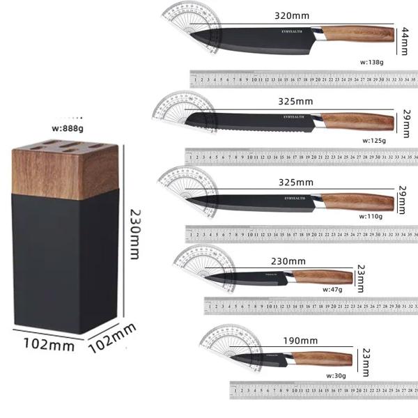 Imagem de Conjunto de Facas de Cozinha Qualidade Premium em Aço Inoxidável Preto c/ 5 Facas + Suporte  