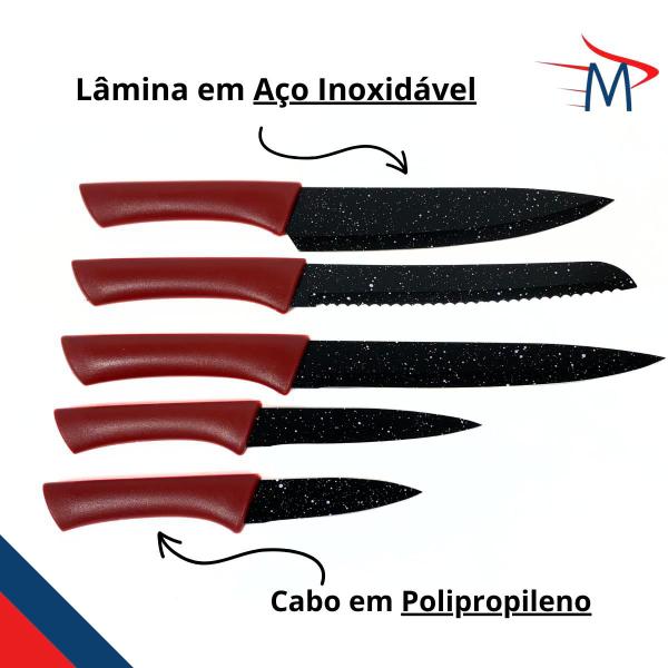 Imagem de Conjunto de Facas inox 6 peças com Suporte em acrílico + Avental Impermeável (Preto, Verde ou Bege)