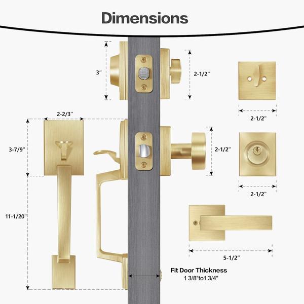 Imagem de Conjunto de fechaduras para maçaneta frontal BonKuDoo Satin Brass Square