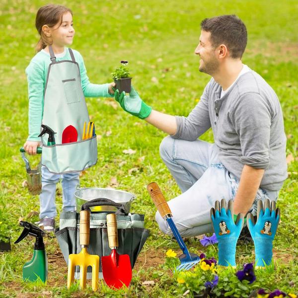 Imagem de Conjunto de ferramentas de jardim IELEK Kids com ancinho, pá, espátula e muito mais