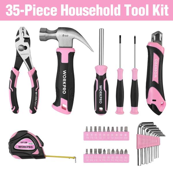 Conjunto de ferramentas WORKPRO de 35 peças rosa com caixa de ferramentas de armazenamento Imagem de Conjunto de ferramentas WORKPRO de 35 peças rosa com caixa de ferramentas de armazenamento