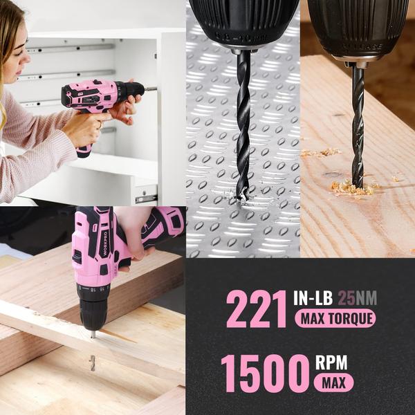 Conjunto de ferramentas WORKPRO Pink com furadeira elétrica 108