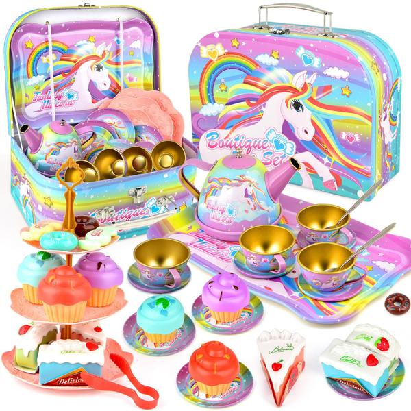 Imagem de Conjunto de festa de chá Minnot Unicorn para meninas de 3 a 6 anos com conjunto de chá de lata