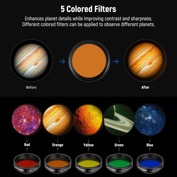 Imagem de Conjunto de filtros de telescópio Neewer, 1,25 polegadas, Lua, CPL, 5 cores