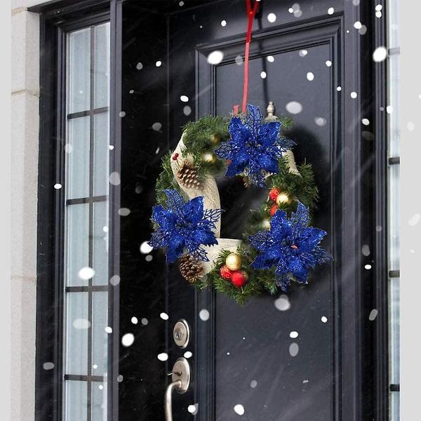 Imagem de Conjunto de flores de poinsétia com glitter artificial de Natal (24 unidades)