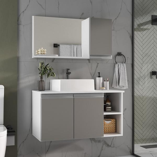 Conjunto de Gabinete Banheiro 80cm com Cuba e Espelheira - - MOVEIS JOIA