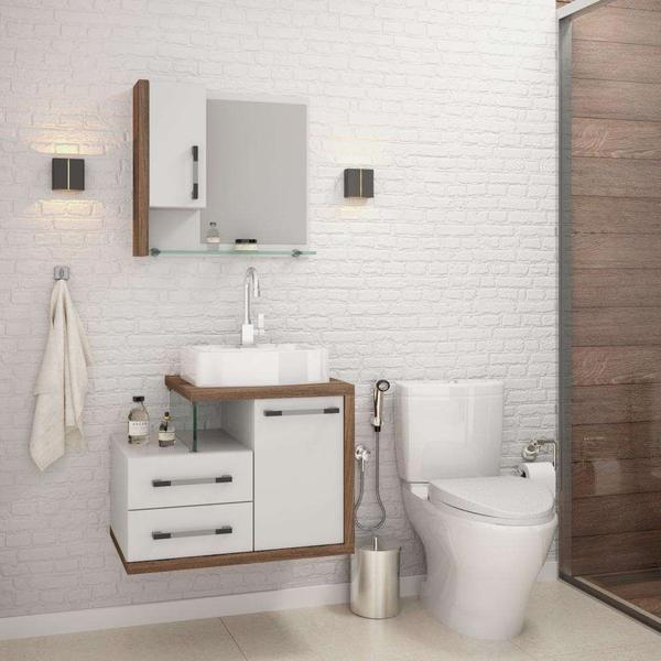 Imagem de Conjunto de Gabinete de Banheiro com Cuba Aria 41 e Espelheira Wood 2 PT 2 GV Branco e Nogal