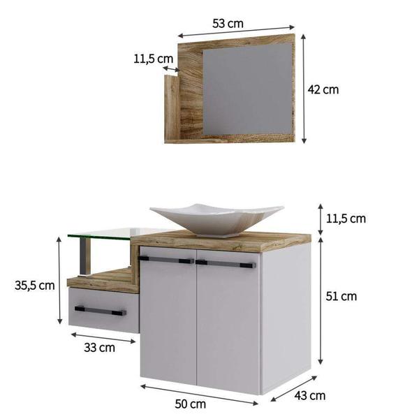 Imagem de Conjunto de Gabinete de Banheiro com Cuba L38 e Espelheira Wood 2 PT 1 GV Branco e Carvalho