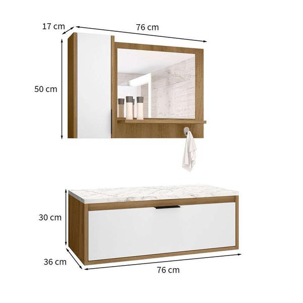 Imagem de Conjunto de Gabinete e Armário com Espelho Bari 2 PT Branco e Carvalho Mel