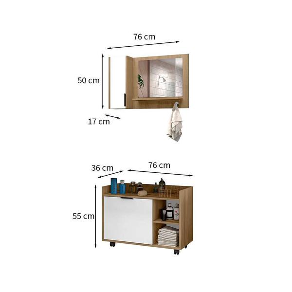 Imagem de Conjunto de Gabinete e Armário com Espelho Bruma 2 PT Branco e Carvalho Mel