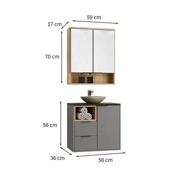 Imagem de Conjunto de Gabinete e Armário com Espelho Dakota 3 PT 2 GV Cinza e Carvalho Mel