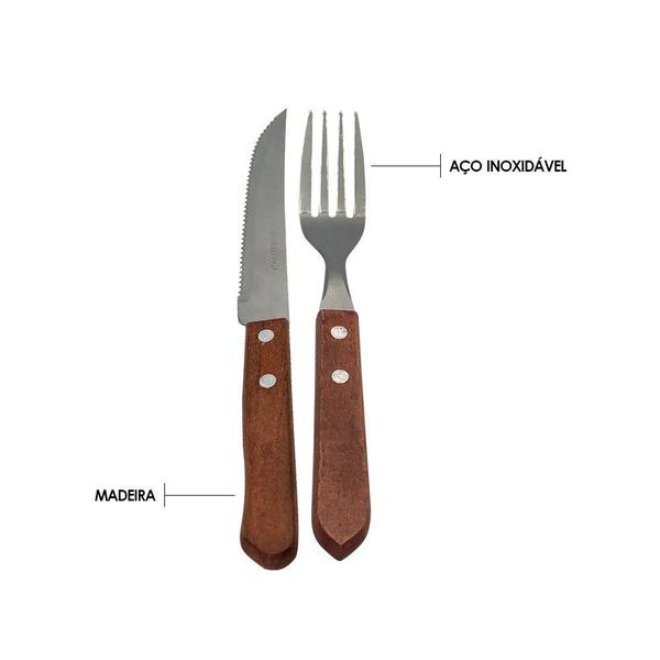 Imagem de Conjunto de Garfo e Faca Inox 12 Peças - Wooden