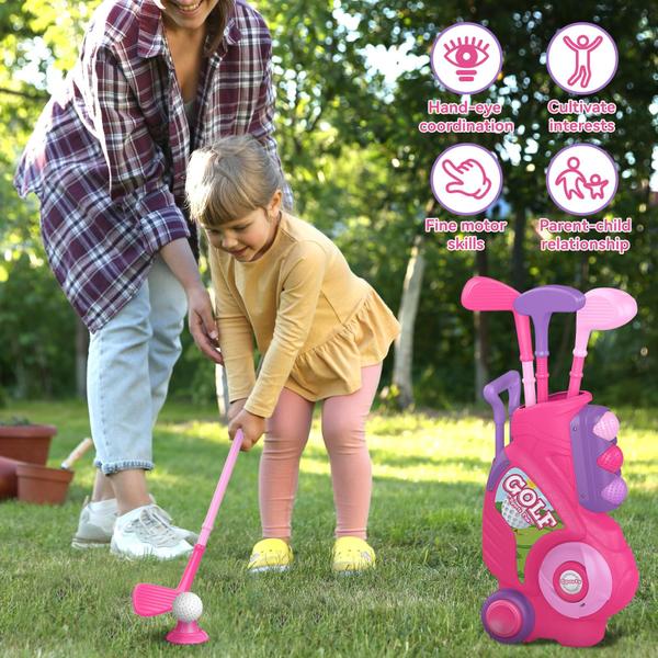 Imagem de Conjunto de golfe Liberry Toddler para 2 a 5 anos com carrinho de golfe e tapete rosa