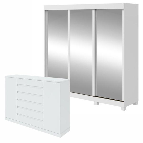 Imagem de Conjunto de Guarda-Roupa 3 Portas 3 Gavetas Saion Plus Super Glass com Pése Cômoda Vedra Branco