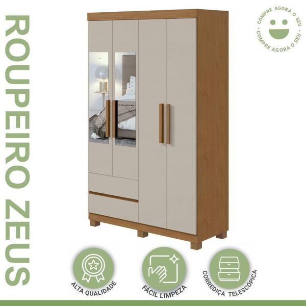 Conjunto de Guarda-Roupa 4 Portas 2 Gavetas Zeus com Espelho e com Pése Cômoda Toronto Amêndoa Clean/Off White - Móveis Lopas Imagem de Conjunto de Guarda-Roupa 4 Portas 2 Gavetas Zeus com Espelho e com Pése Cômoda Toronto Amêndoa Clean/Off White