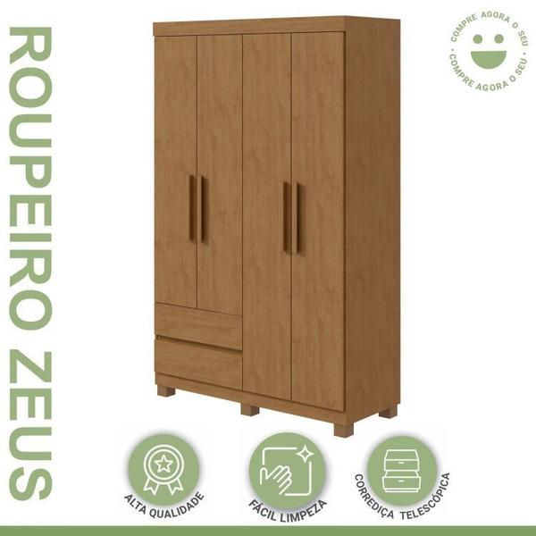 Imagem de Conjunto de Guarda-Roupa 4 Portas 2 Gavetas Zeus com Pése Cômoda 1 Porta 6 Gavetas 1 Nicho Da Vinci Amêndoa Clean