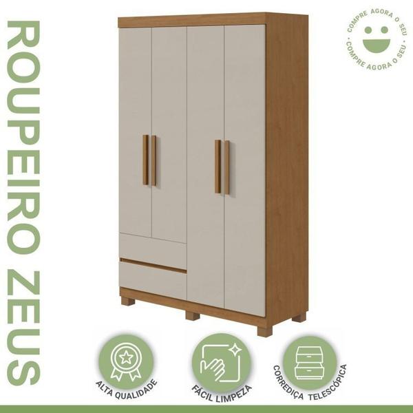 Imagem de Conjunto de Guarda-Roupa 4 Portas 2 Gavetas Zeus com Pése Cômoda 1 Porta 6 Gavetas 1 Nicho Da Vinci Amêndoa Clean/Off White