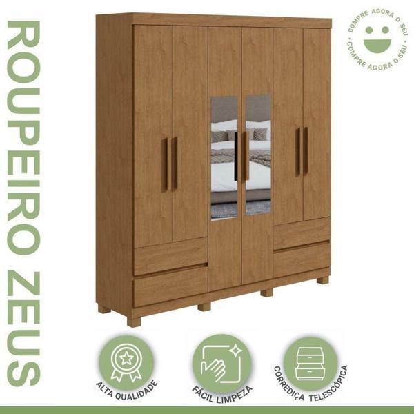 Imagem de Conjunto de Guarda-Roupa 6 Portas 4 Gavetas Zeus com Espelho e com Pése Cômoda Toronto Amêndoa Clean