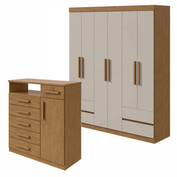 Imagem de Conjunto de Guarda-Roupa 6 Portas 4 Gavetas Zeuse Cômoda 1 Porta 6 Gavetas 1 Nicho Da Vinci Amêndoa Clean/Off White