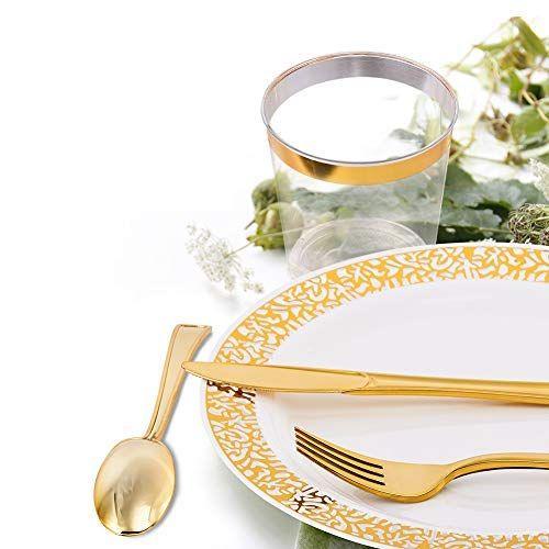 Imagem de Conjunto de Jantar Descartável de Ouro - 150 Peças, Elegante Renda