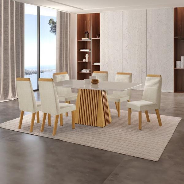 Imagem de Conjunto de Jantar Mesa Áustria 160cm X 80cmtampo Mdf/vidro com 6 Cadeiras Catar Yescasa Castanho Cinamomo/Creme/Off White