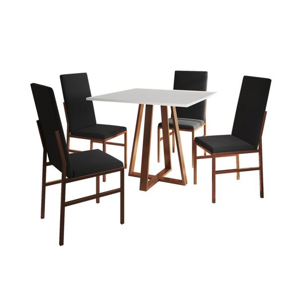 Imagem de Conjunto de Jantar Mesa Mônaco Premium 90cm Branca com 4 Cadeiras Estofadas Pretas Base Cobre