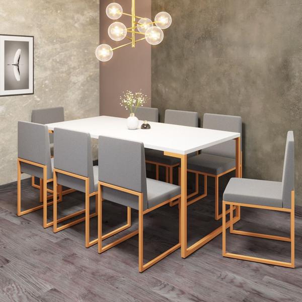 Imagem de Conjunto de Jantar Stan Industrial Mesa Quadrada 170x90cm Com 8 Cadeiras Ferro Dourado Tampo Branco Sintético Cinza - Ahz Móveis