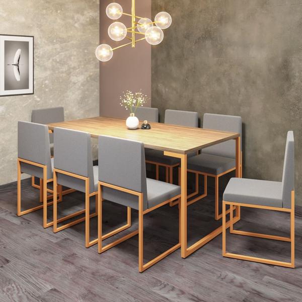 Imagem de Conjunto de Jantar Stan Industrial Mesa Quadrada 170x90cm Com 8 Cadeiras Ferro Dourado Tampo Imbuia material sintético Cinza - Ahz Móveis