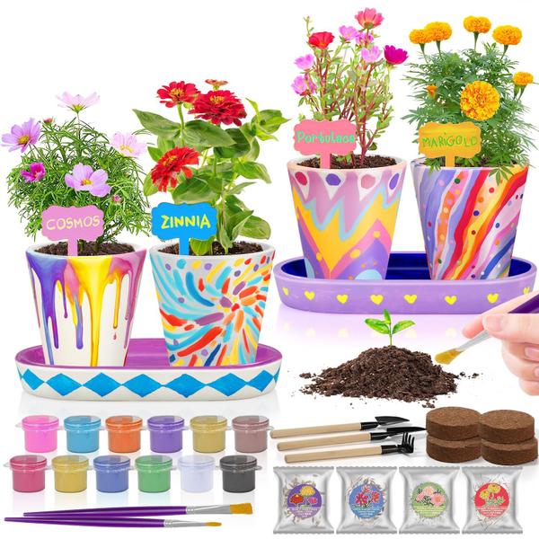 Imagem de Conjunto de jardinagem Tekoly Paint & Plant Flower 4 em vasos de cerâmica