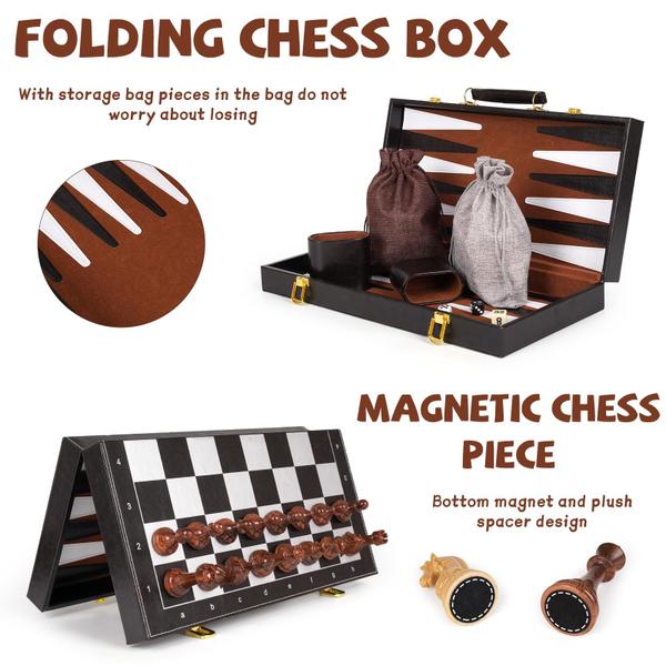 Imagem de Conjunto de jogos de tabuleiro Agirlgle 3 em 1 Magnetic Chess, damas e gamão