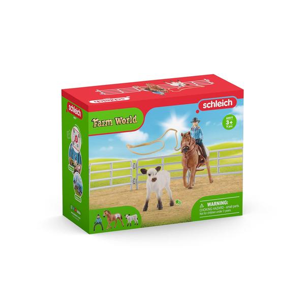 Imagem de Conjunto de jogos Schleich Farm World Rodeo Roping com cowgirl e vaca