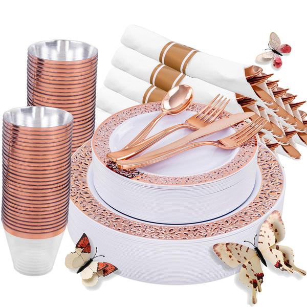Conjunto de louças WELLIFE Rose Gold Plastic 350 peças Imagem de Conjunto de louças WELLIFE Rose Gold Plastic 350 peças