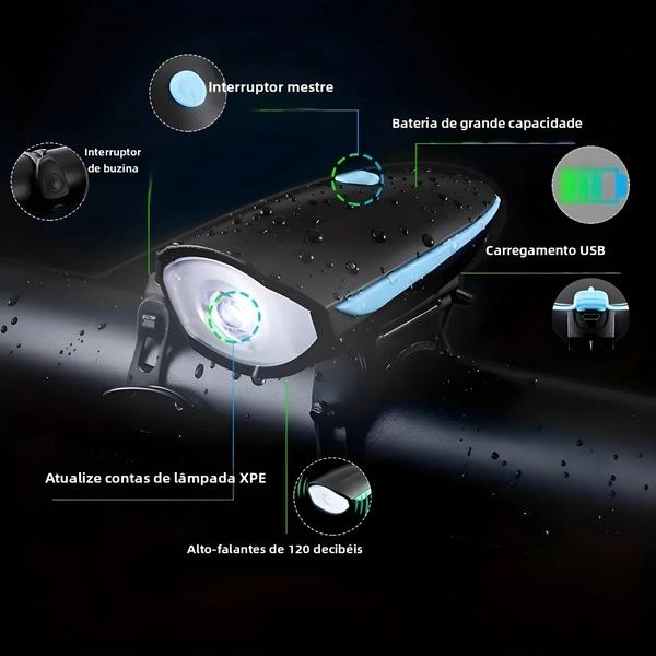 Imagem de Conjunto de Luz de Bicicleta Recarregável com Farol Brilhante e Buzina - 3 Modos