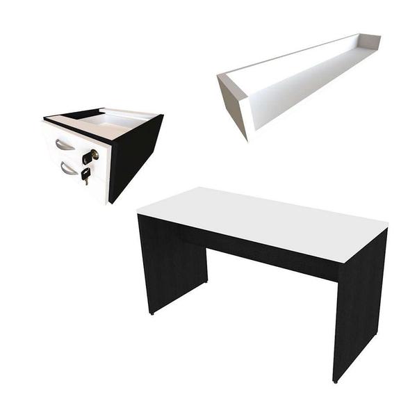 Imagem de Conjunto de Mesa com Gaveteiro e Prateleira de Escritório Helen Preto e Branco