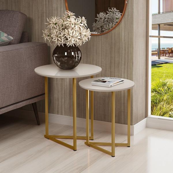 Imagem de Conjunto de Mesa De Apoio Jade Sala Estar Pé de Aço Dourado