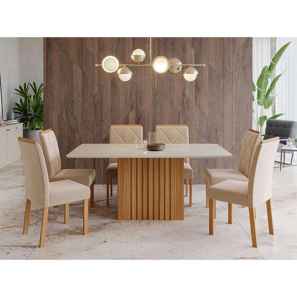 Imagem de Conjunto de Mesa de Jantar com Tampo de Vidro Off White Ana e 6 Cadeiras Fernanda Suede Nude e Nature