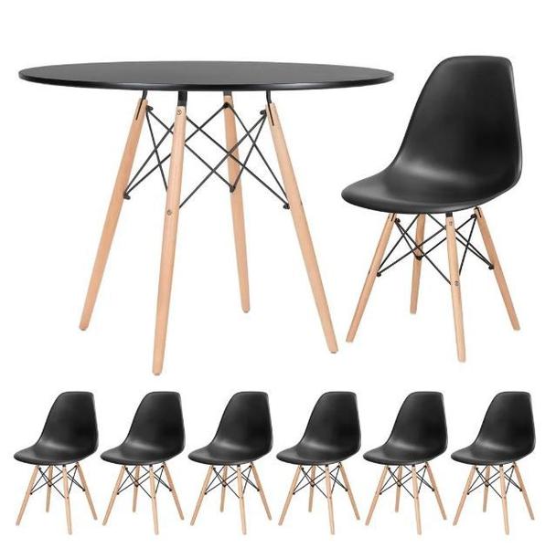 Imagem de Conjunto de Mesa de Jantar Eames Eiffel Redonda 100cm Tampo de Madeira Preto com 6 Cadeiras Pretas