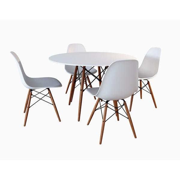 Imagem de Conjunto de Mesa de Jantar Eames Eiffel Redonda 90cm Tampo de Madeira Branco com 4 Cadeiras Brancas