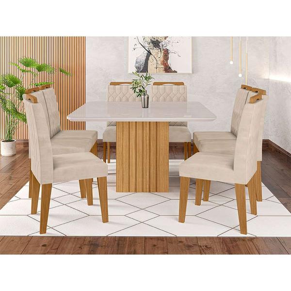 Imagem de Conjunto de Mesa de Jantar Quadrada com Tampo de Vidro Off White Ana e 8 Cadeiras Paola Suede Nude e Nature