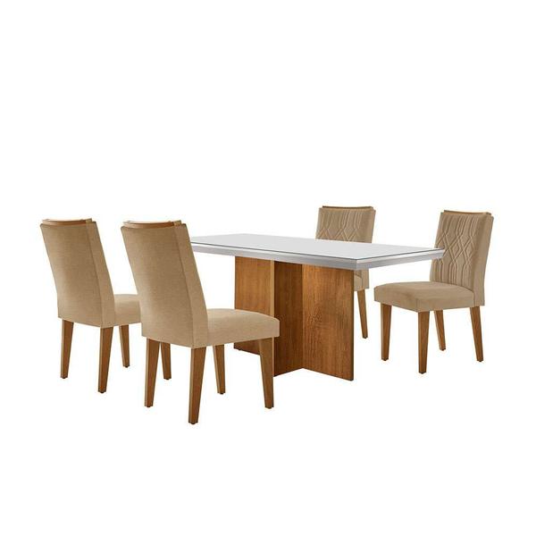 Imagem de Conjunto de Mesa de Jantar Retangular com Tampo de Vidro Off White Berlim e 4 Cadeiras Alegra Linho Bege e Imbuia